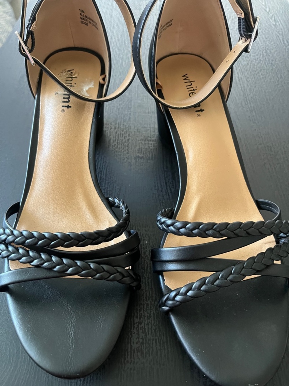 White Mountain Black Braided Strap Block Heel Sandals